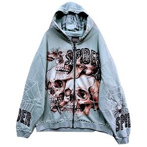 Stray (Spider) Web Crawler Pearls & Skulls Zip Hoodie Size 2XL Sage Green NWT